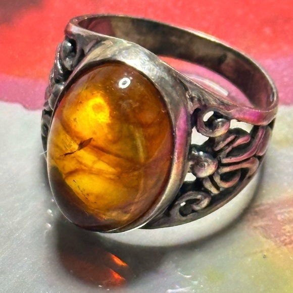 ZIV Amber Ring Sterling silver filigree cabochon Bezel set oval signed 6 5505 YA - Picture 5 of 15